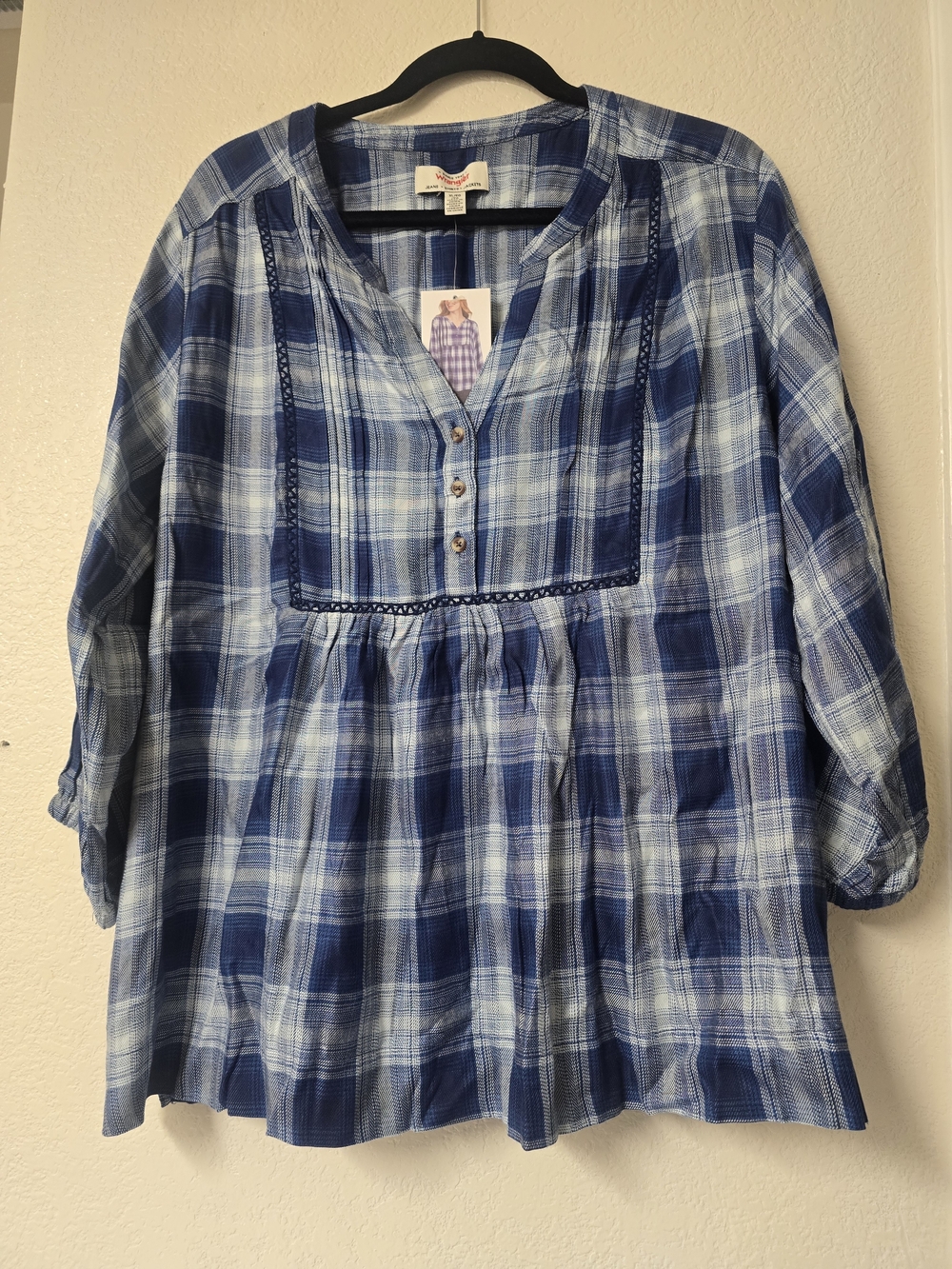 Wrangler Plaid Blouse Plaid Tunic in Blue & White XL NWT